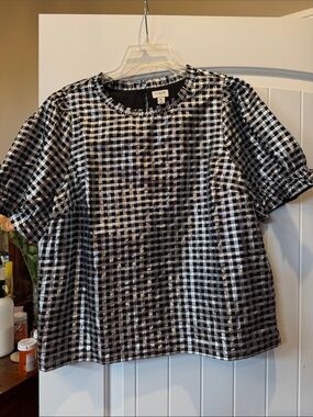 J. Crew Black and Silver Metallic Checkered Top